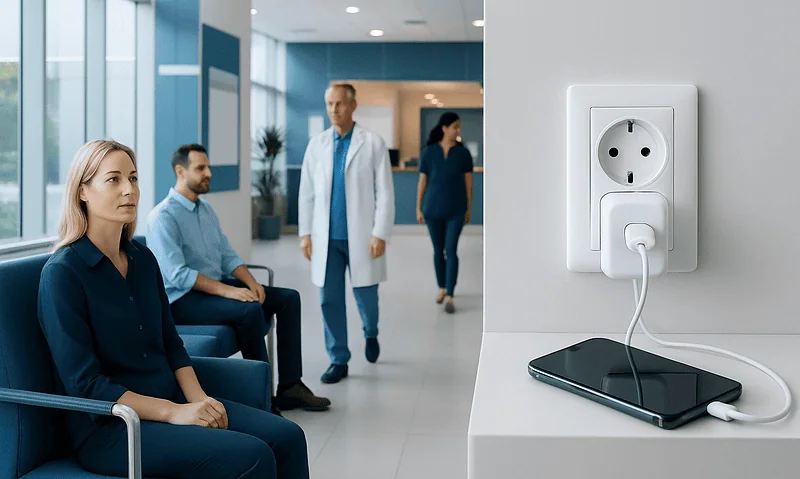 Patients waiting in a hospital corridor with a power outlet for device charging.