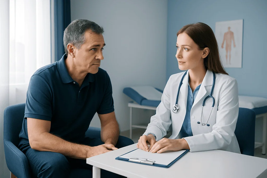 Doctor consulting with a male patient in a hospital room.