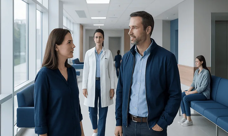 Hospital staff discussing patient care in a modern medical facility.