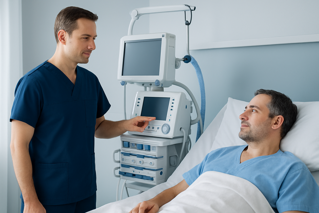 Doctor consulting patient in hospital room with medical equipment.