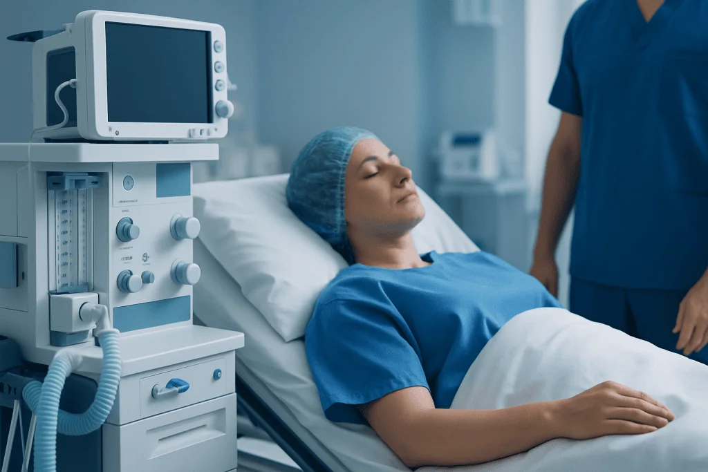 Patient in hospital bed with medical equipment in background.