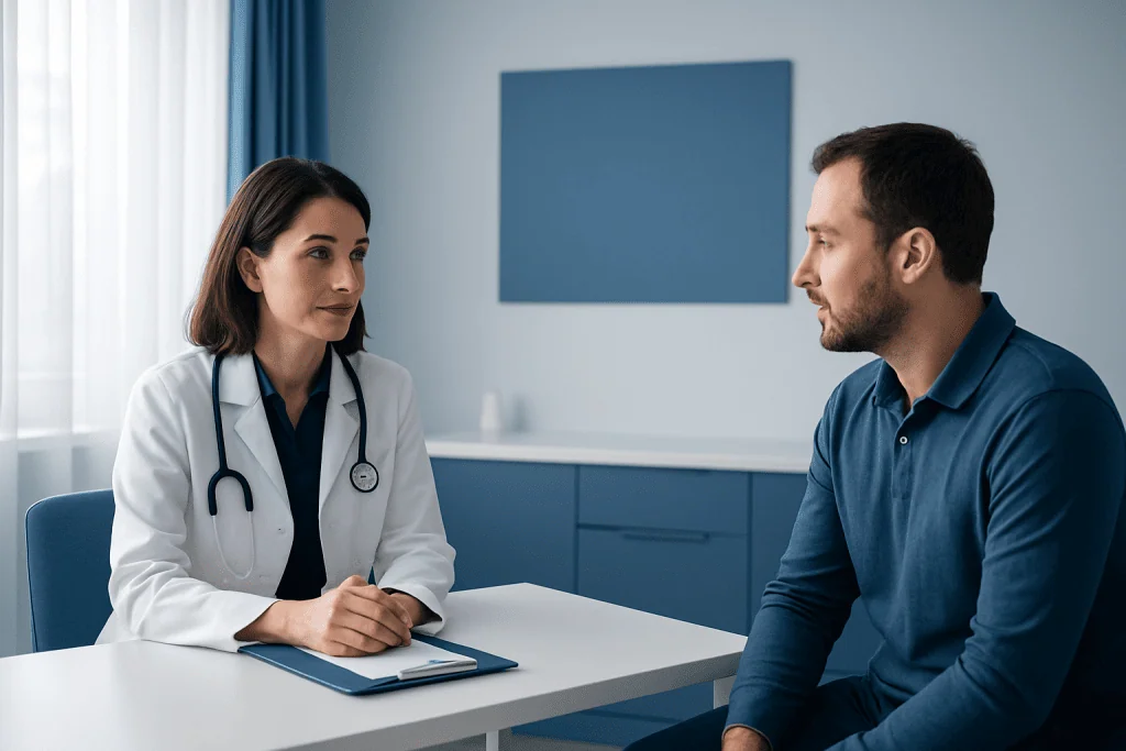 Doctor consulting with male patient in a modern hospital room.