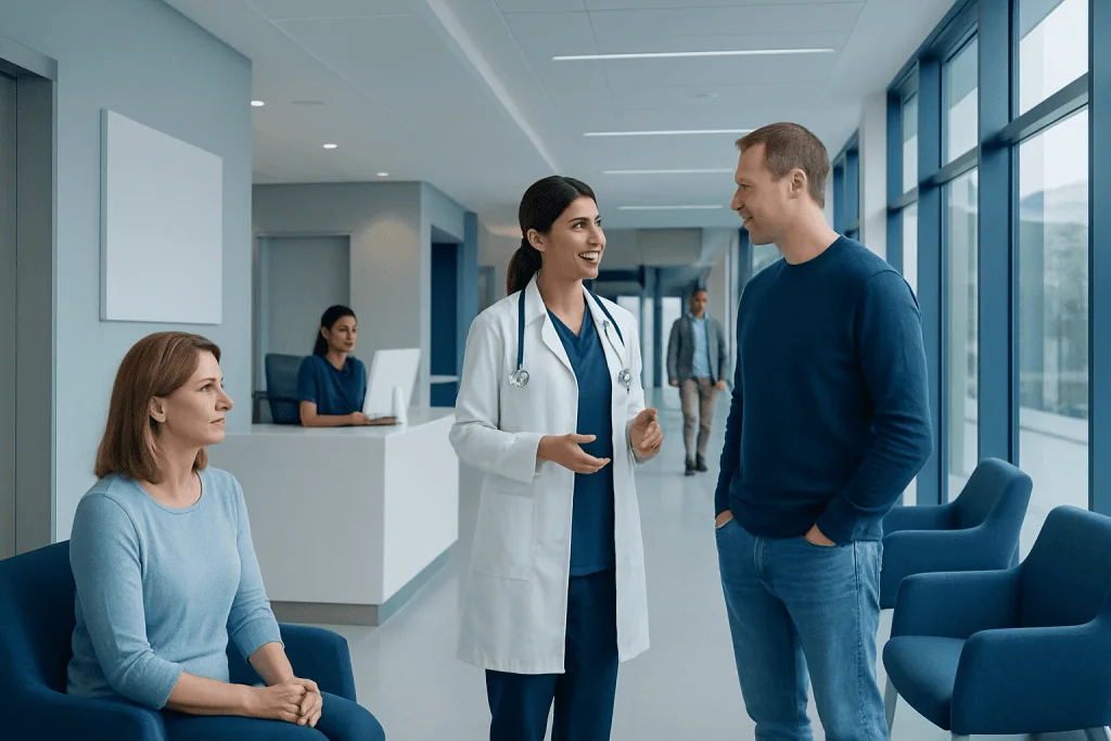 At Acibadem, What Happens on Your Admission Day 1 Hospital staff welcoming patient in modern hospital corridor.