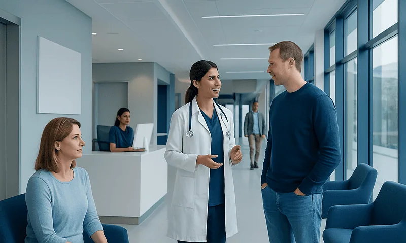 Hospital staff welcoming patient in modern hospital corridor.