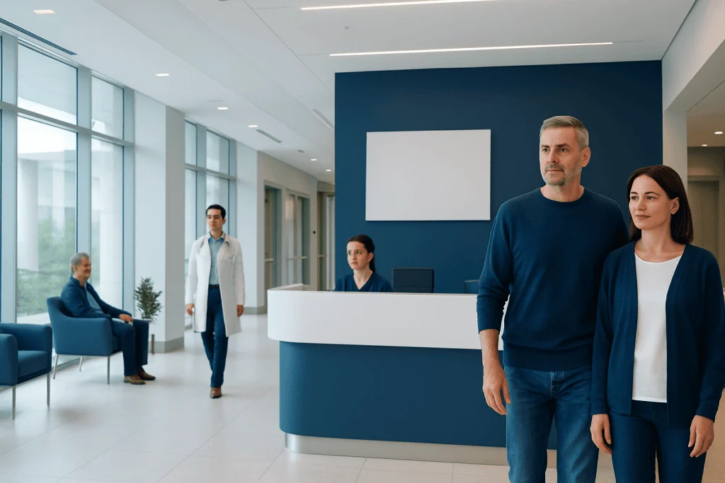 At Acibadem, How We Plan Your Arrival Day Before the First Appointment 1 Modern hospital reception area with patients and staff at Acibadem Hospitals Group.