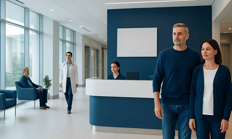 Modern hospital reception area with patients and staff at Acibadem Hospitals Group.