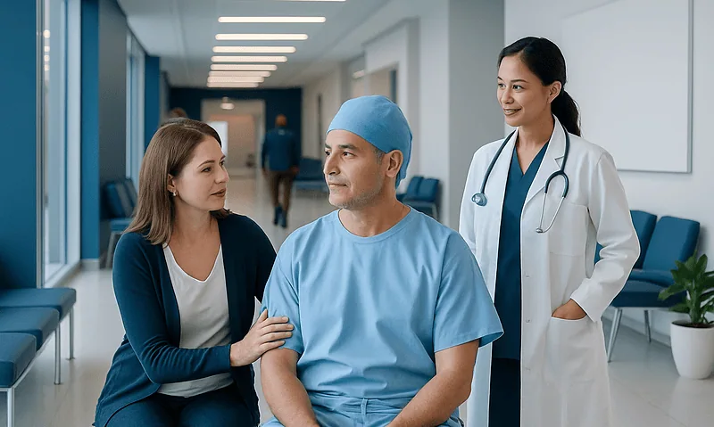 Patient and companion talking with doctor in hospital corridor.