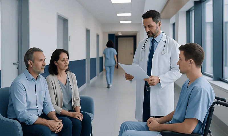 Doctor discussing discharge plan with patients in hospital corridor.