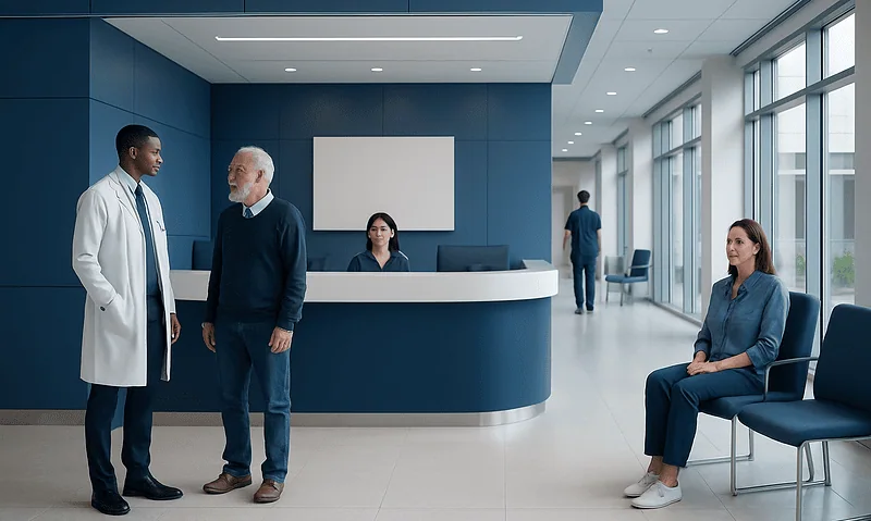 Hospital reception area with medical staff and patients in a modern setting.