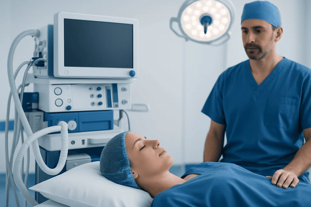 Medical professional monitoring patient in hospital room with advanced equipment.
