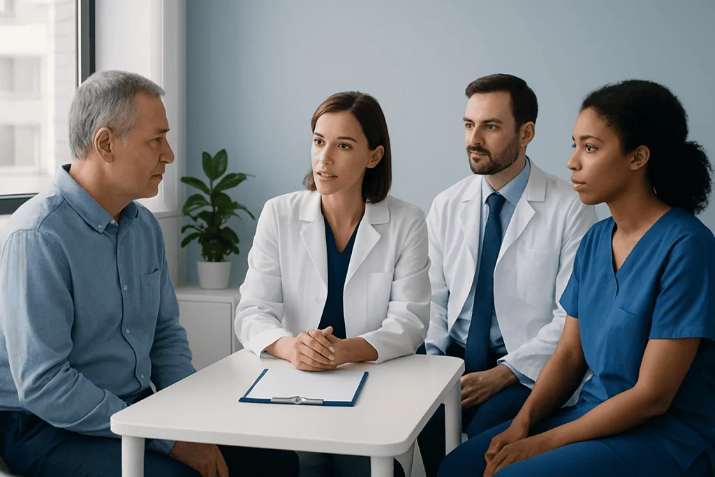 Medical consultation with a diverse healthcare team at Acibadem Hospital.