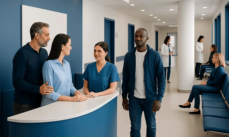 International patients at Acibadem Hospital reception area.