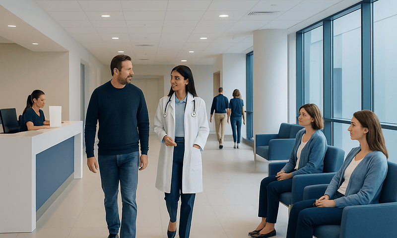 Patients and doctor in modern hospital waiting area at Acibadem Hospitals Group.