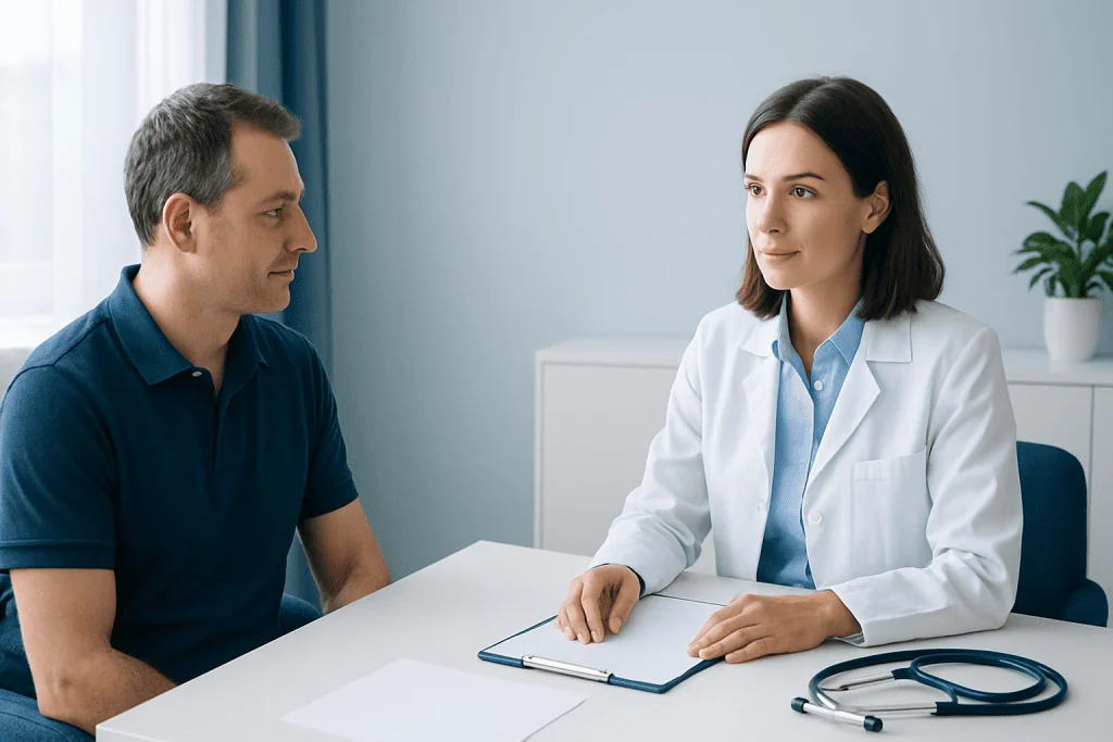 Doctor consulting with patient in a medical office setting.