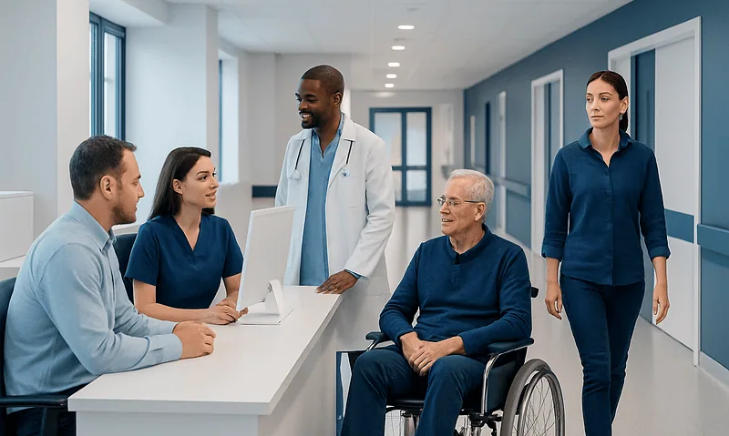 Medical team consulting with patient in hospital corridor.