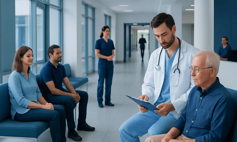 Doctor consulting elderly patient in hospital corridor with medical staff nearby.
