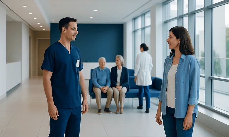 Healthcare professionals and patients in a modern hospital corridor.