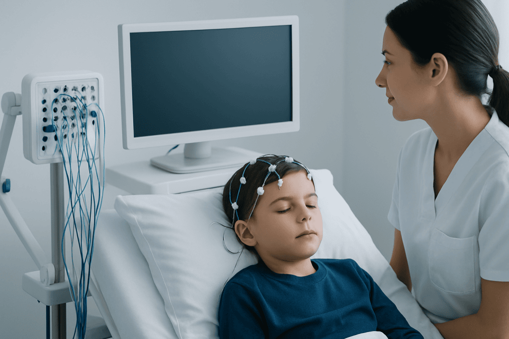 Child undergoing neurophysiological testing in a hospital setting.
