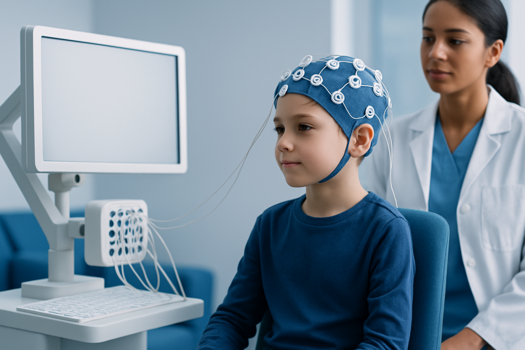 Child undergoing neuropsychological testing with EEG cap at hospital.