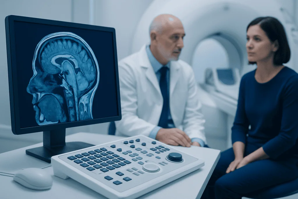 Neurologist discussing brain scan with patient in MRI room at Acibadem Hospital.