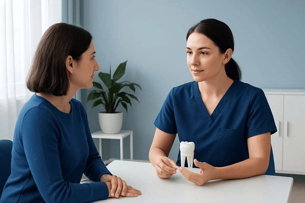 Dentist explaining dental crown options to patient in clinic.