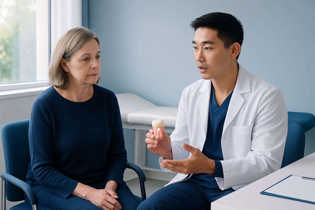 Dentist explaining dental crown options to an older female patient.