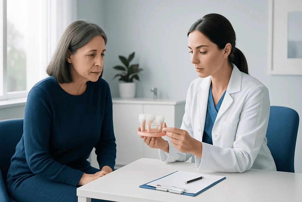 Dentist explaining dental bridge options to a patient in a clinic setting.