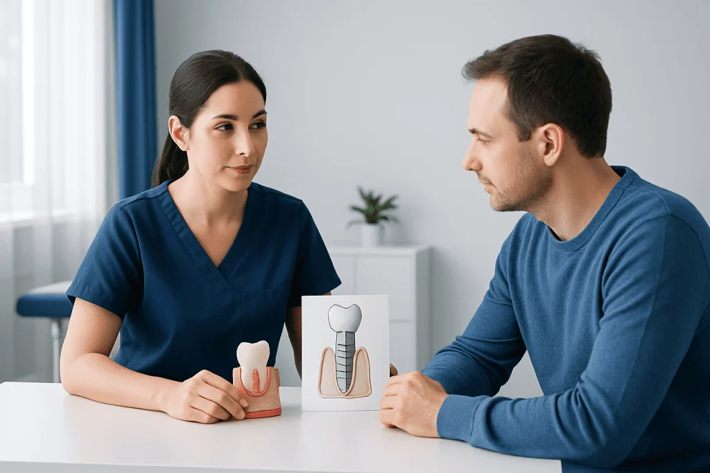 Dentist explains dental crown and implant options to patient in consultation room.