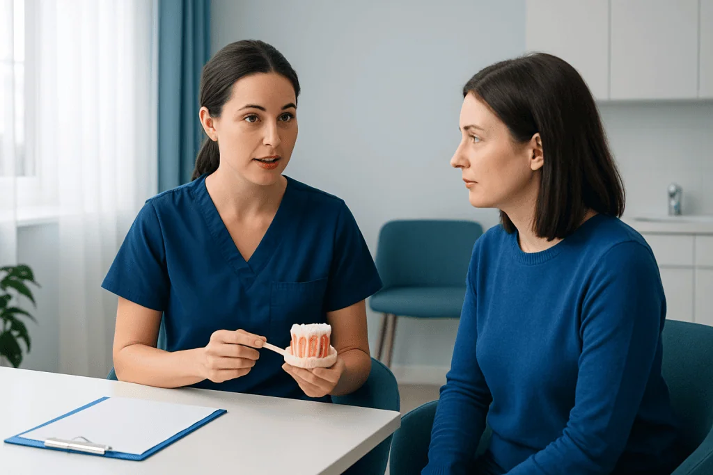 Dentist explaining dental treatment options to a patient in a clinic setting.