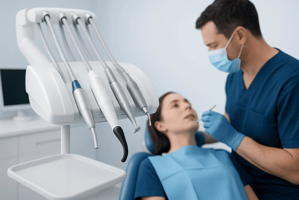Dentist performing dental treatment on a patient in a clinic setting.