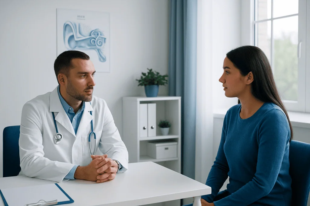 Doctor consulting with a patient in a medical office about ear health.