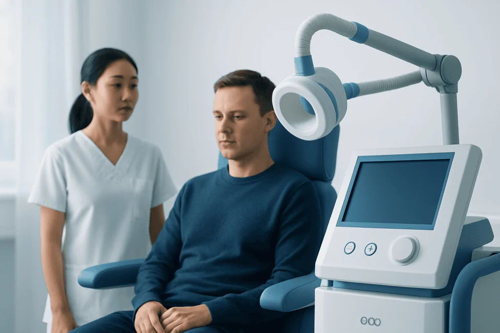 Patient undergoing neurological examination with advanced medical equipment at Acibadem Hospital.