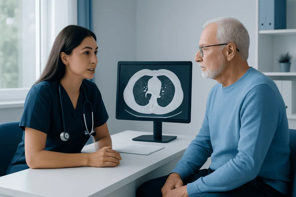 Doctor explaining lung scan results to an elderly patient in a medical office.