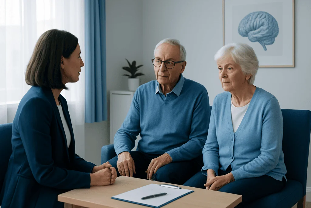 Cognitive neurologist consulting with elderly patients in a clinic setting.