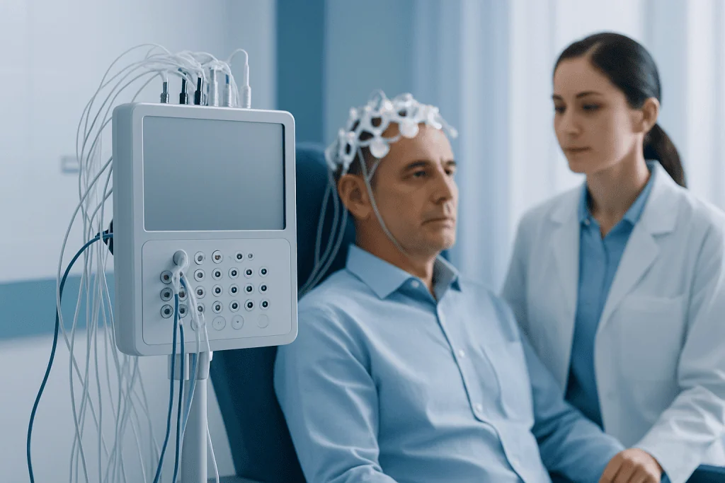 Patient undergoing neurological test with EEG equipment at Acibadem Hospital.