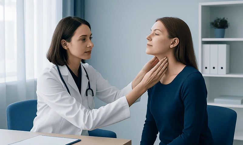Doctor examining a woman's neck for thyroid symptoms in a clinical setting.