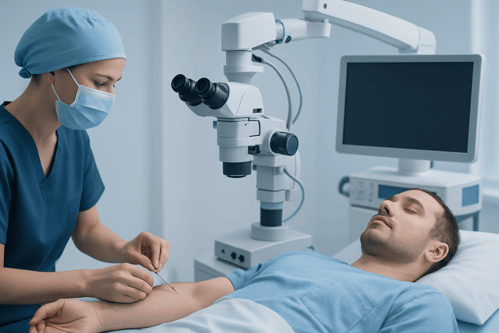 Doctor performing nerve biopsy on patient in medical clinic.