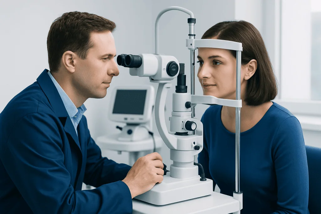Ophthalmologist examining a patient's eyes with a slit lamp.