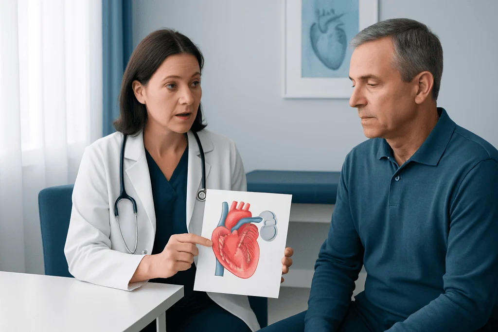 Doctor explaining heart diagram to patient in consultation room.