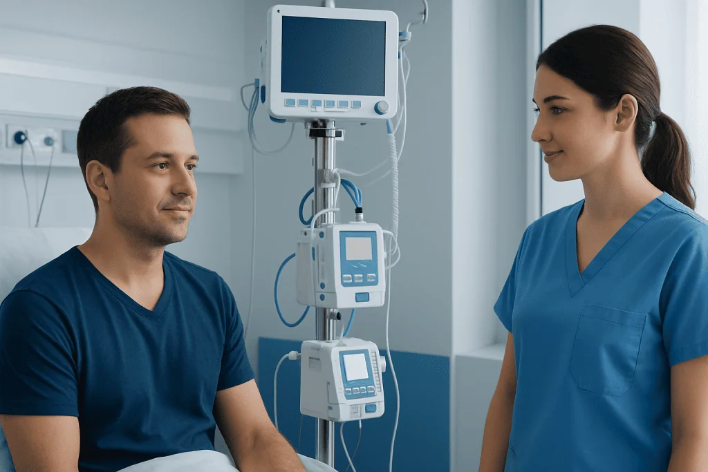 Patient and nurse in hospital room with medical monitors and equipment.