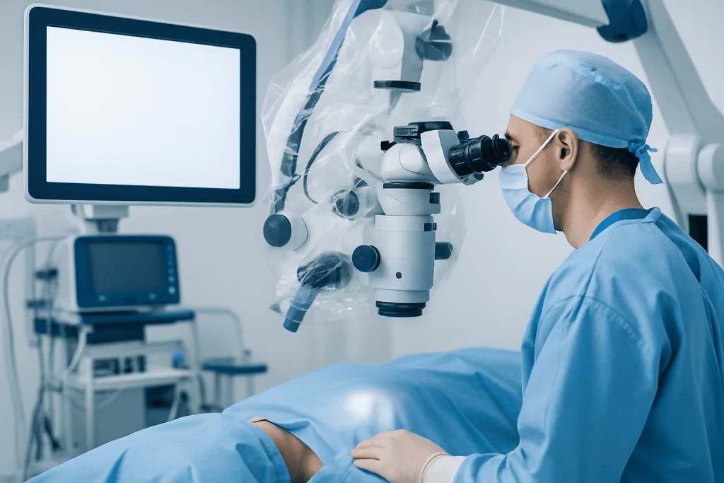 Neurosurgeon performing surgery with advanced microscope at Acibadem Hospital.