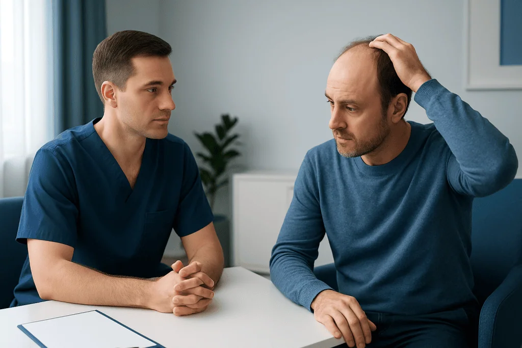 Doctor consulting with a male patient about hair loss treatment options.