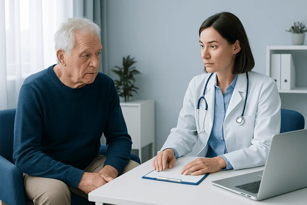 Doctor consulting with elderly patient in a medical office setting.