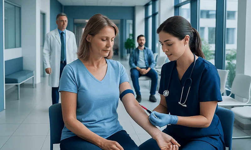 Nurse drawing blood from a patient in a modern hospital corridor.