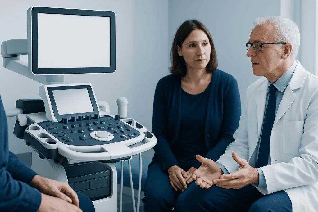 Doctor consulting with a patient in a medical examination room.