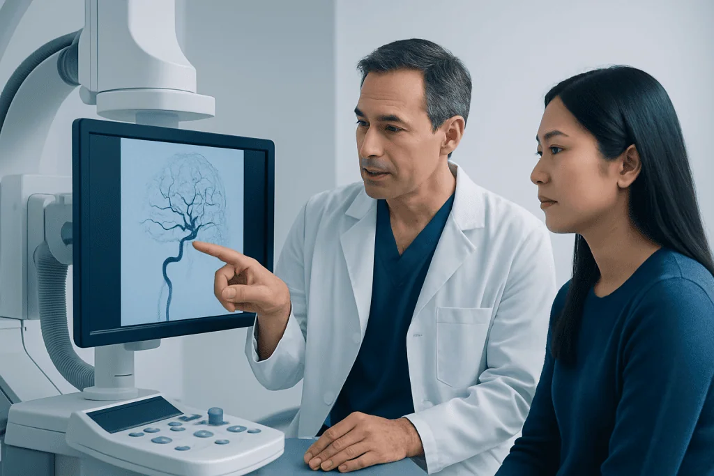 Doctor explaining brain scan to patient in a medical setting.