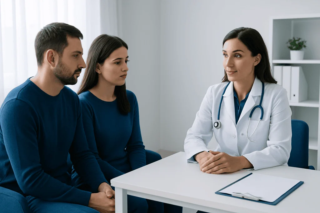 Doctor consulting couple about IVF options in a modern clinic setting.