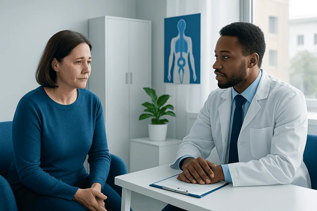 Doctor consulting with a female patient in a medical office setting.