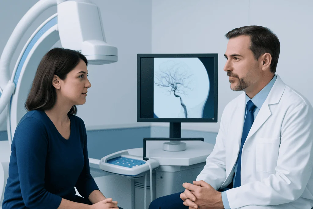 Doctor explaining brain scan to patient in a medical consultation room.