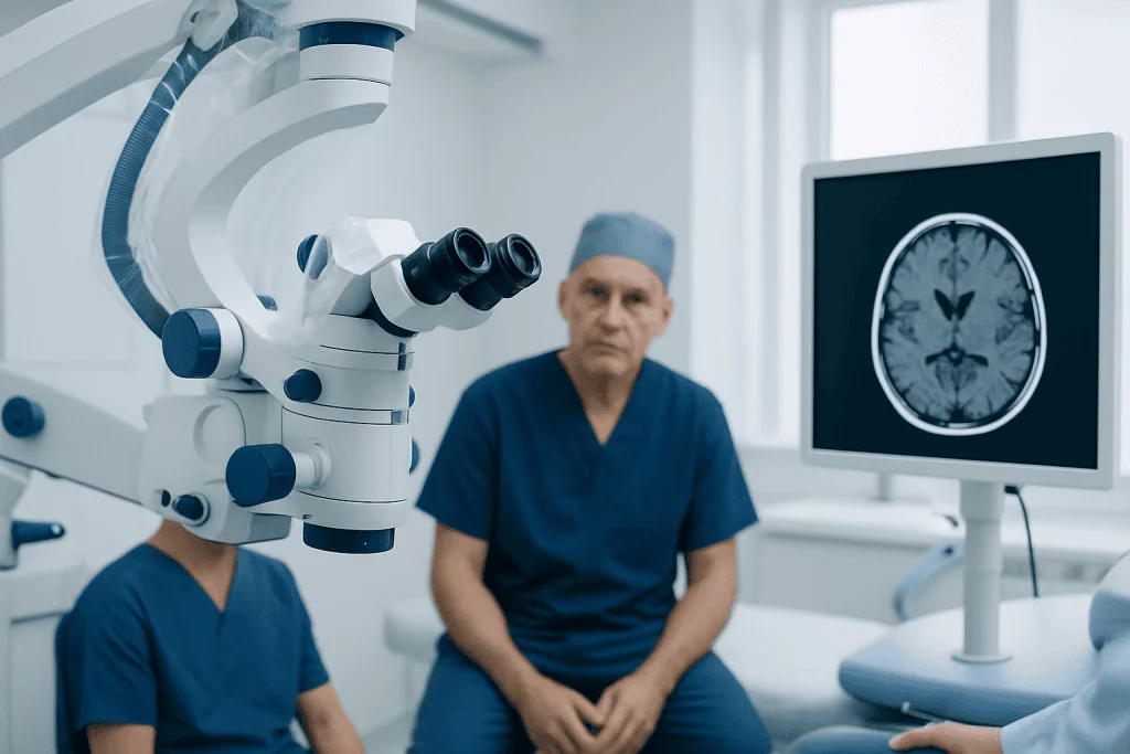 Surgeon and medical team analyzing brain scan with advanced equipment.
